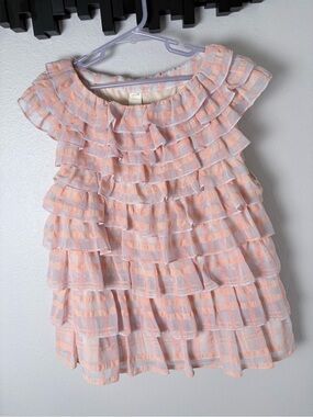 0’2nd Girls Peach Plaid Gingham Ruffle Tiered Tank Dress Size 8 Small